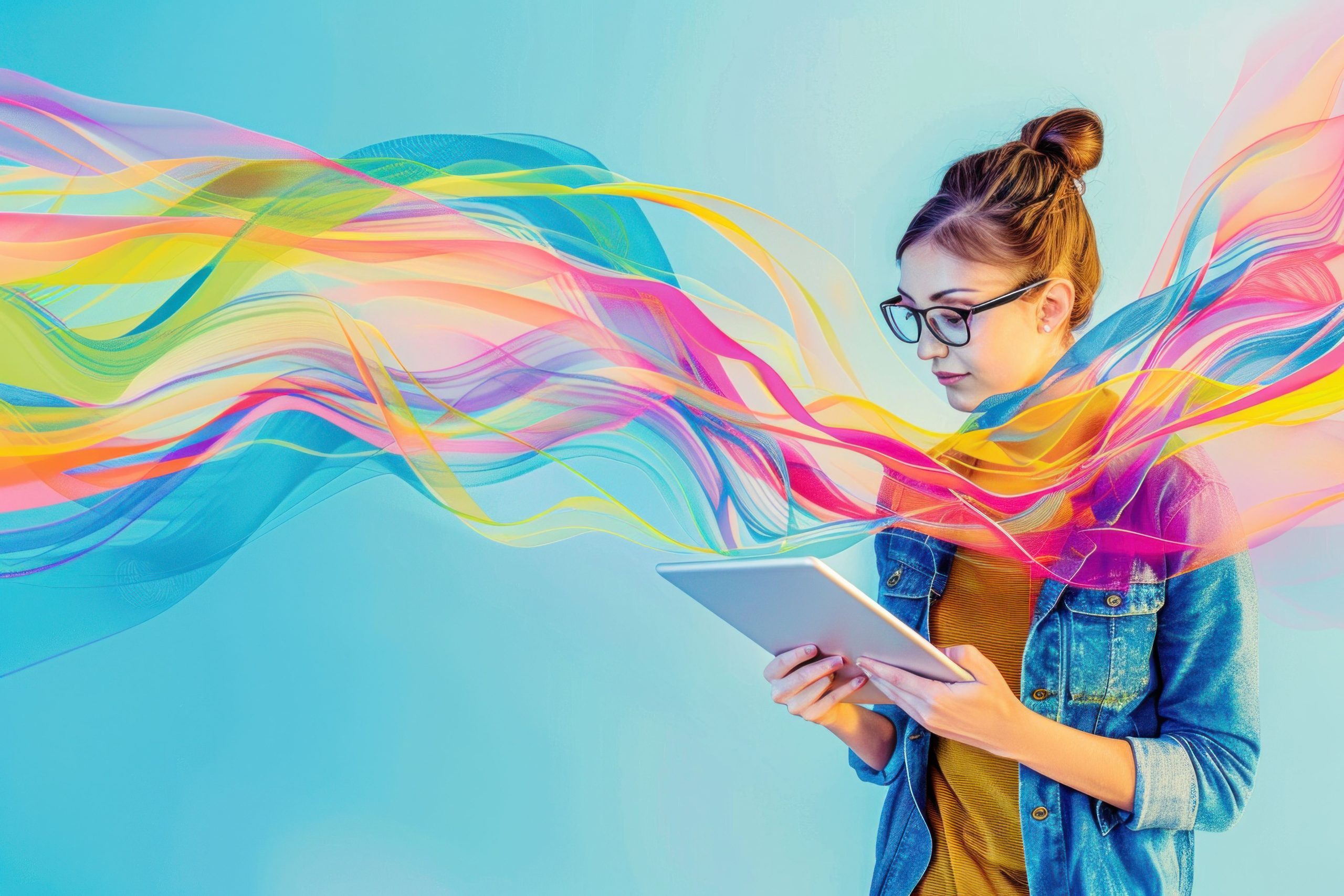 woman glasses holding tablet computer with colorful swirls around head futuristic technology concept scaled 1