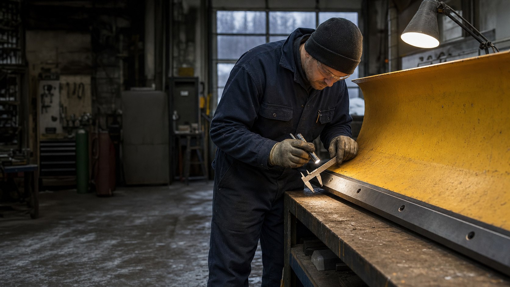 Technician inspecting carbide snow plow blade construction