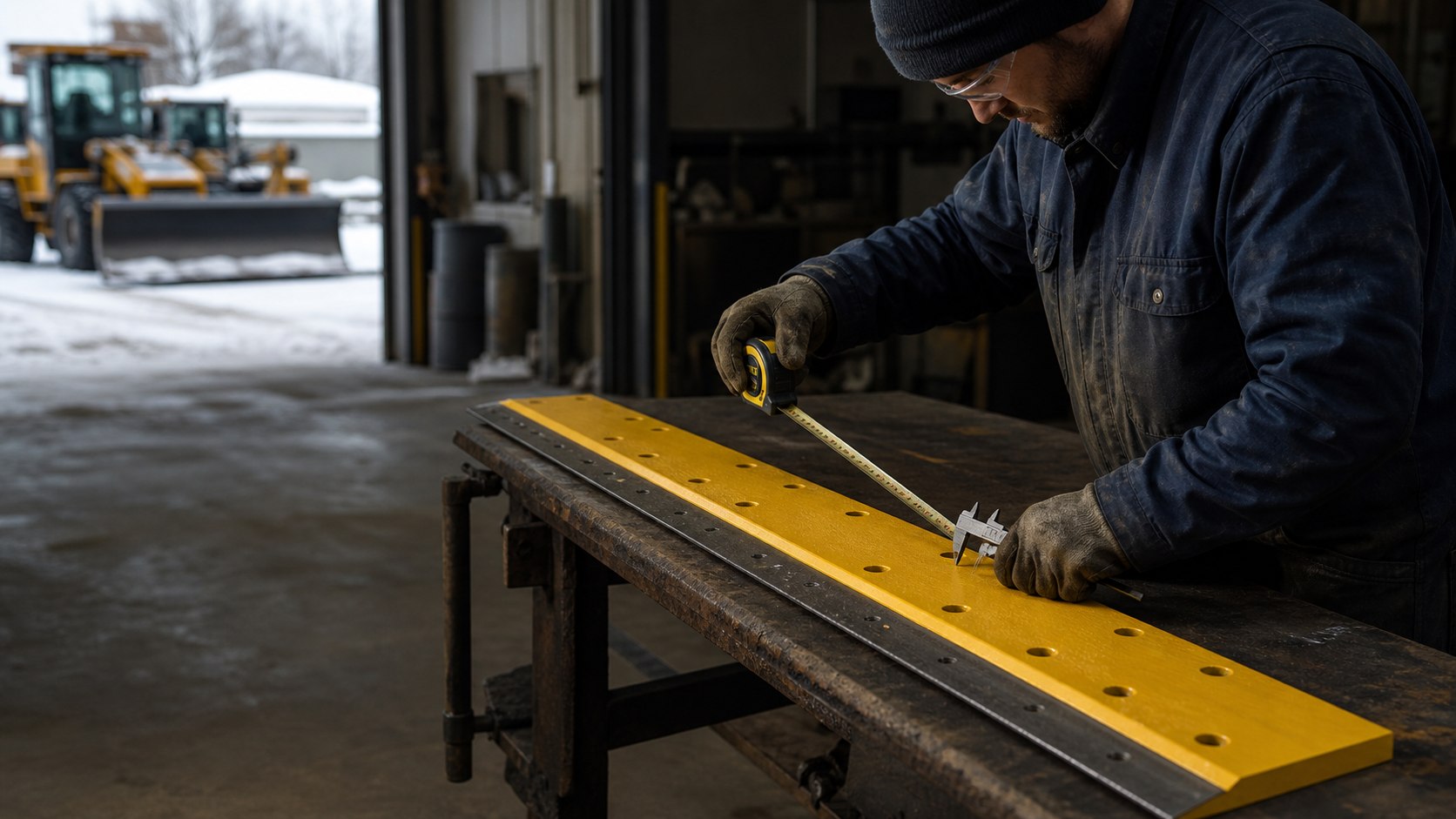 Technician measuring a carbide snow plow blade for specification review