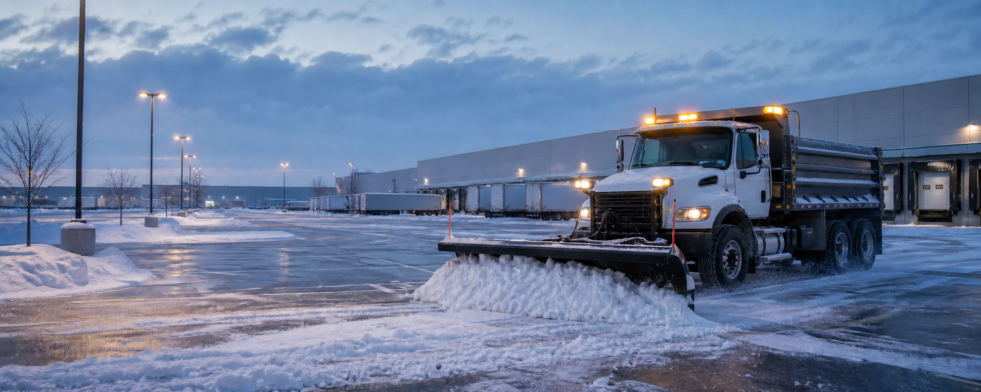 Commercial snow plow truck clearing a logistics center parking lot