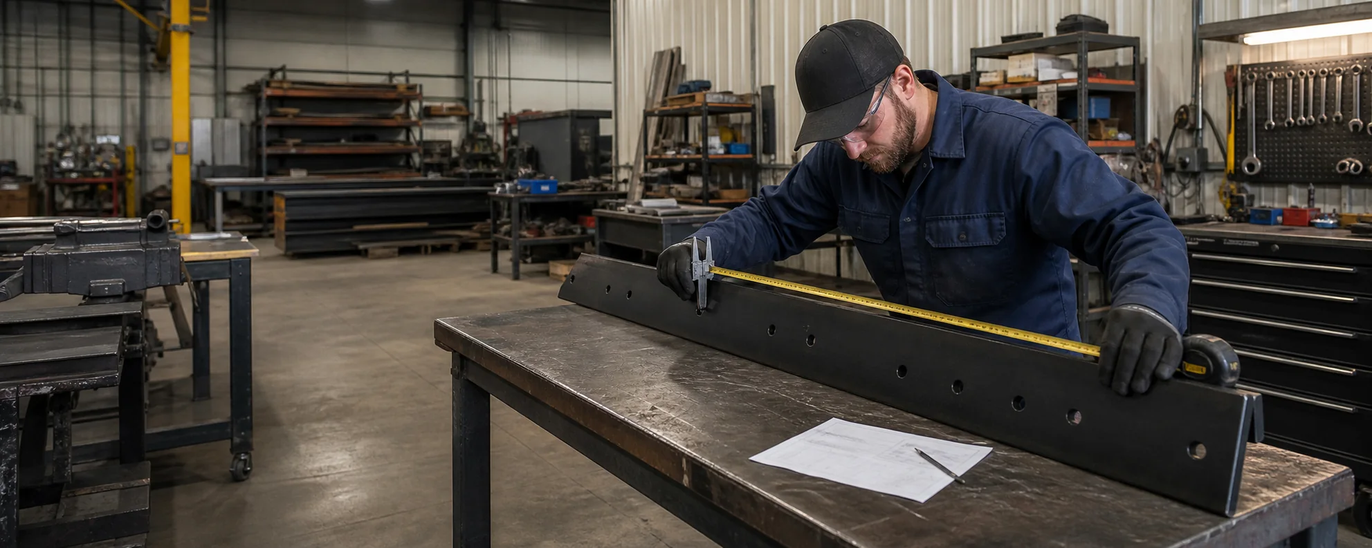 Technician measuring a JOMA-style snow plow blade for mounting compatibility