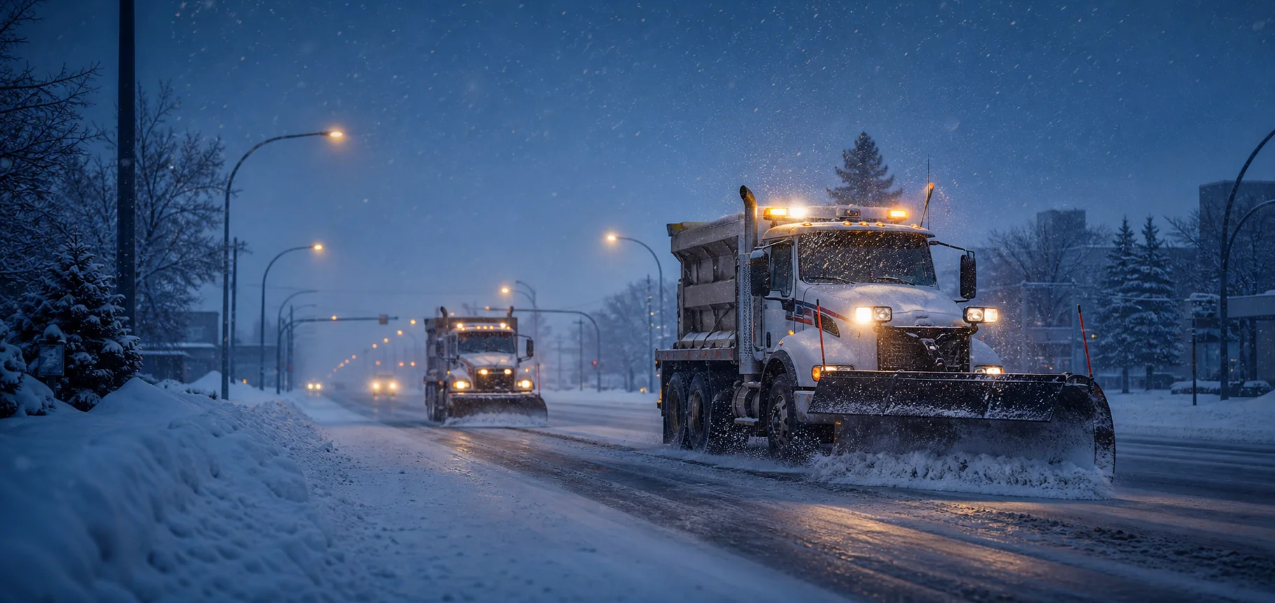 Municipal snow plow fleet clearing roads during severe winter weather