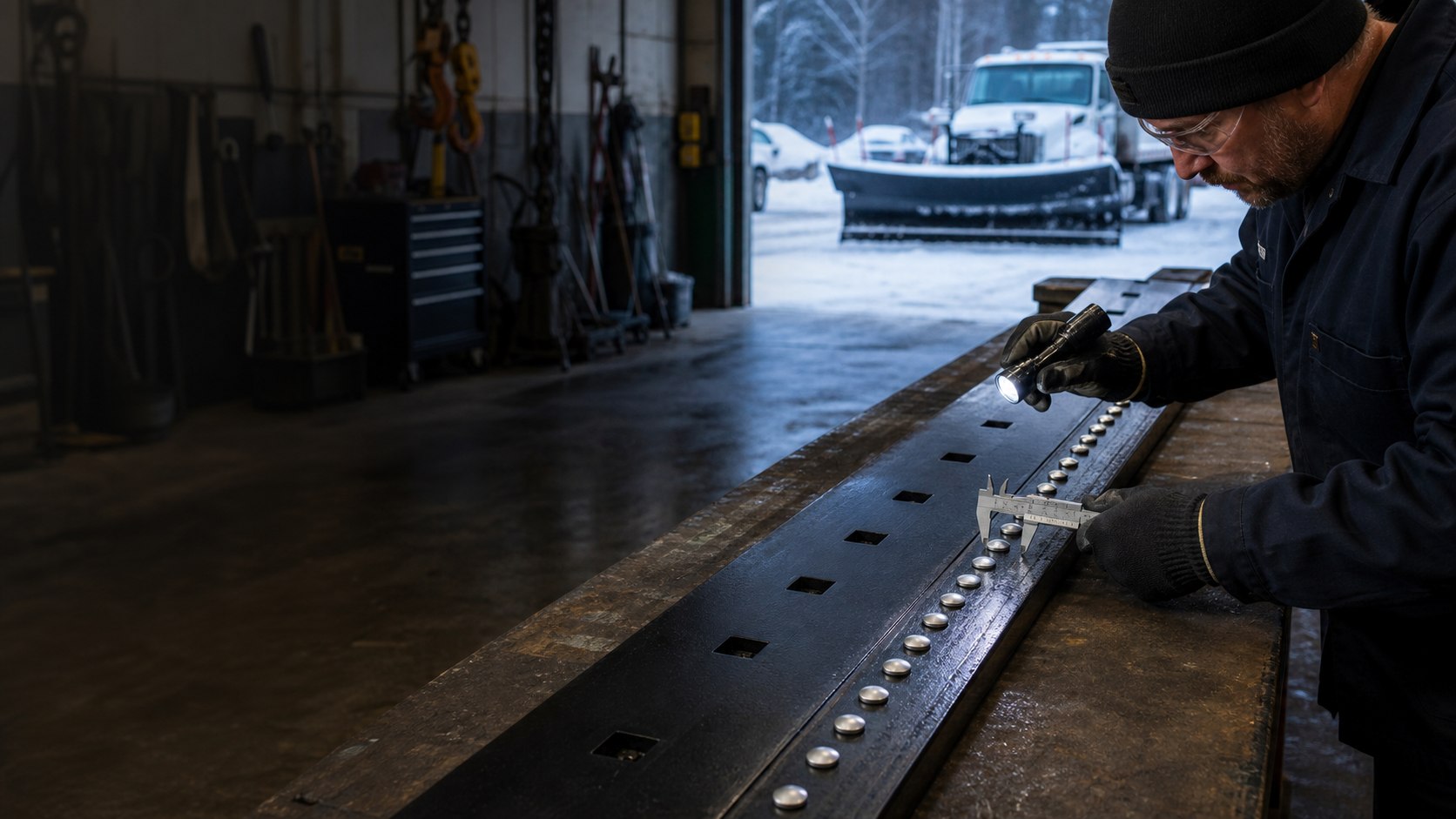 Technician inspecting an isolated carbide-edged snow plow blade