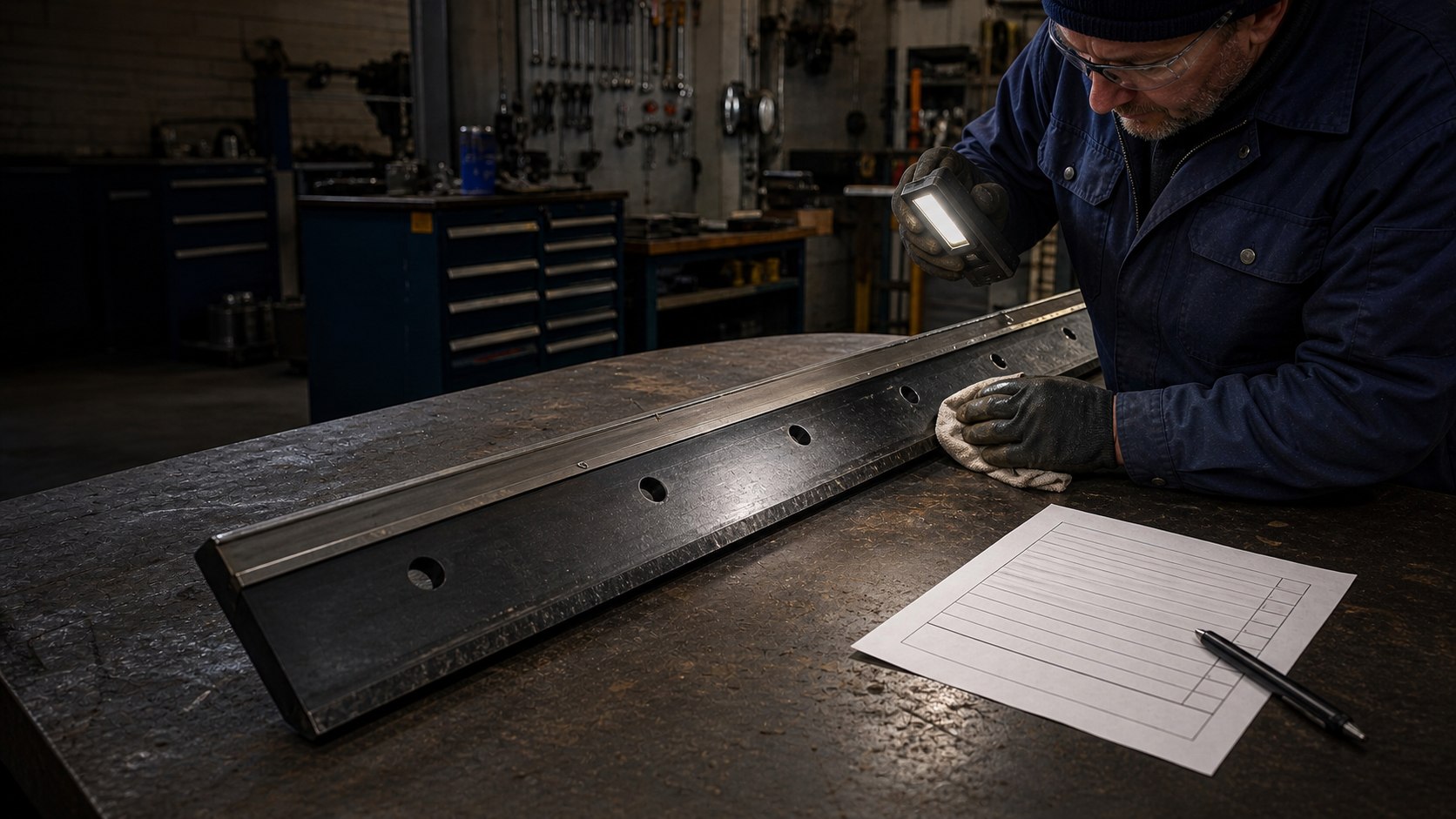 Technician performing a preseason inspection of a snow plow blade