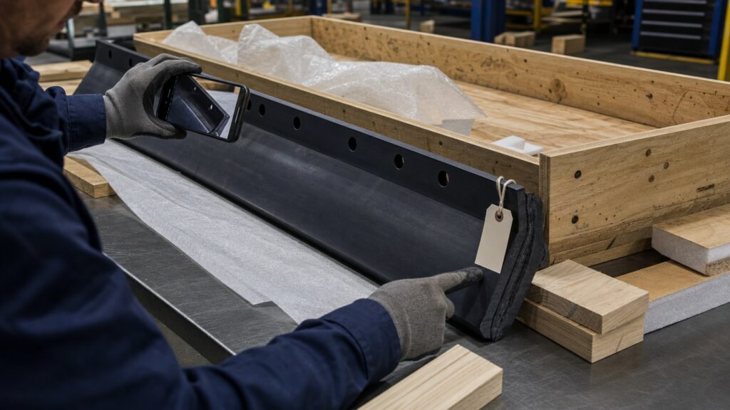 Technician photographing snow plow blade mounting holes and end condition during receiving inspection