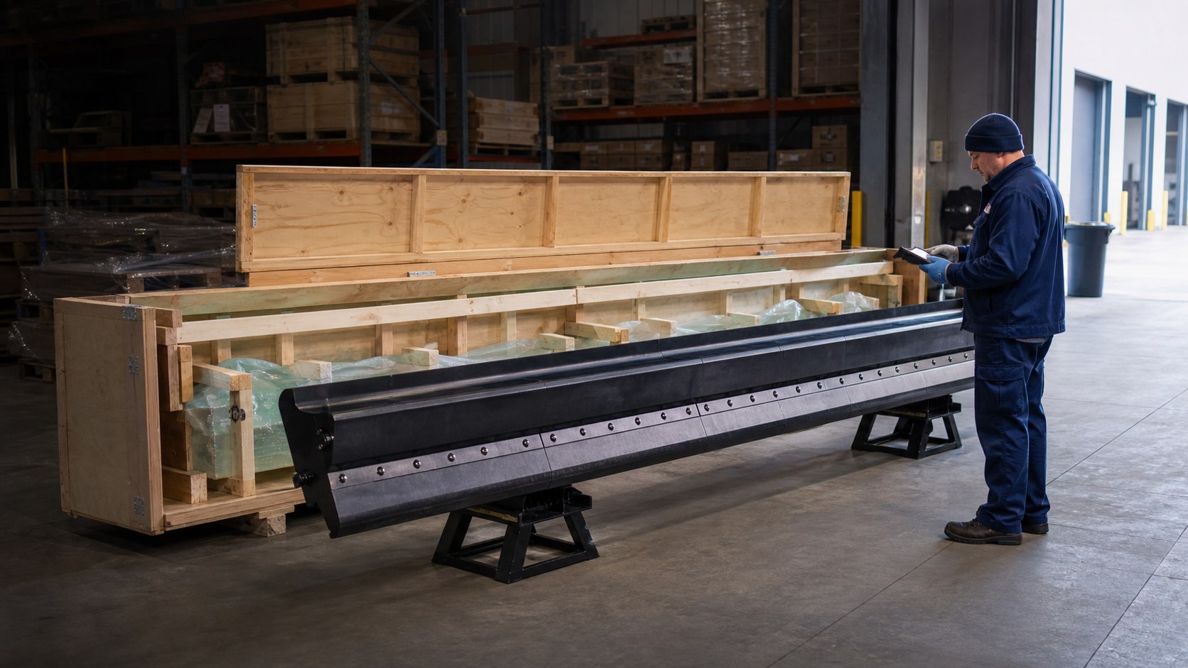 Warehouse technician inspecting a delivered snow plow blade beside an opened shipping crate