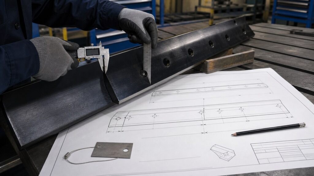 Engineer checking snow plow blade mounting holes against a technical drawing