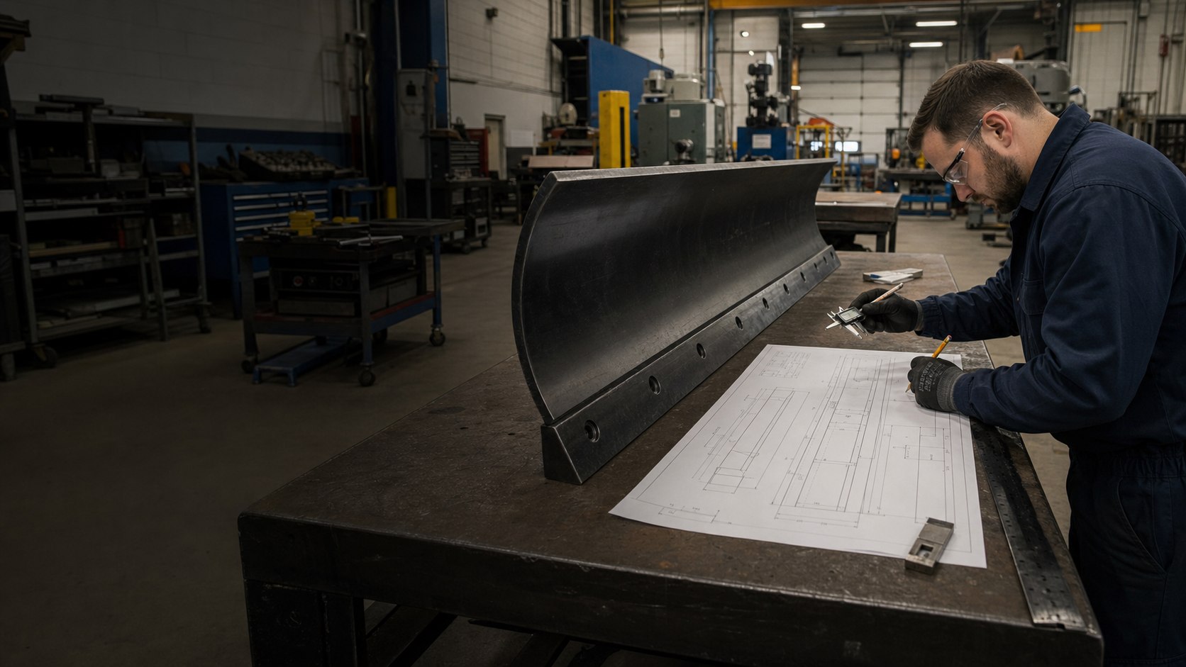 Engineer reviewing a snow plow blade drawing beside the physical cutting edge