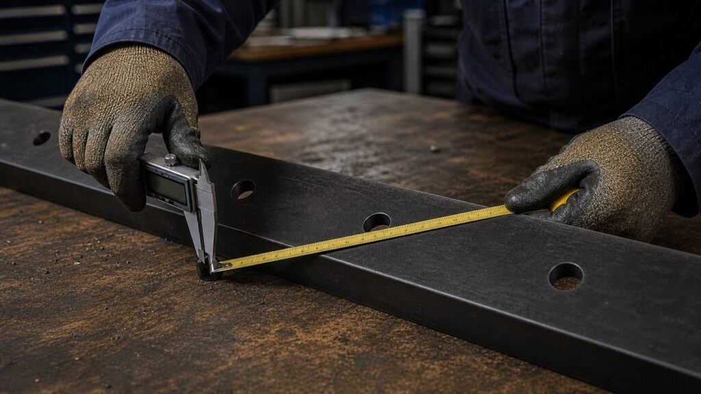Technician measuring snow plow blade mounting hole diameter and center spacing