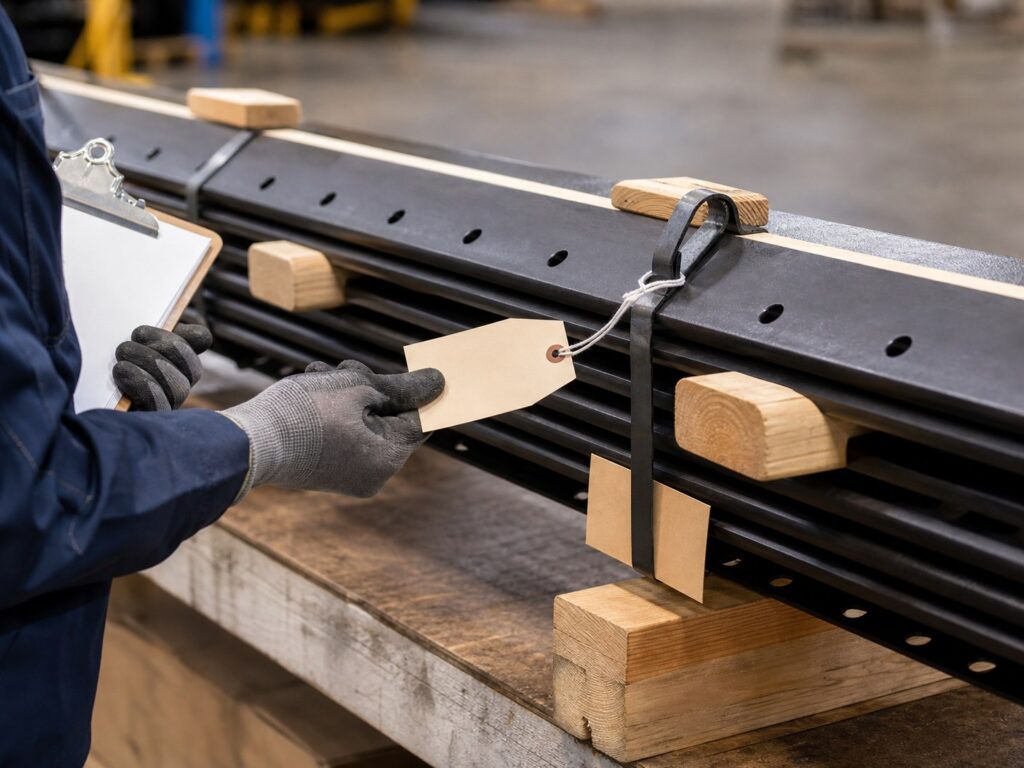 Illustrative label and shipment reference check beside supported snow plow cutting edges