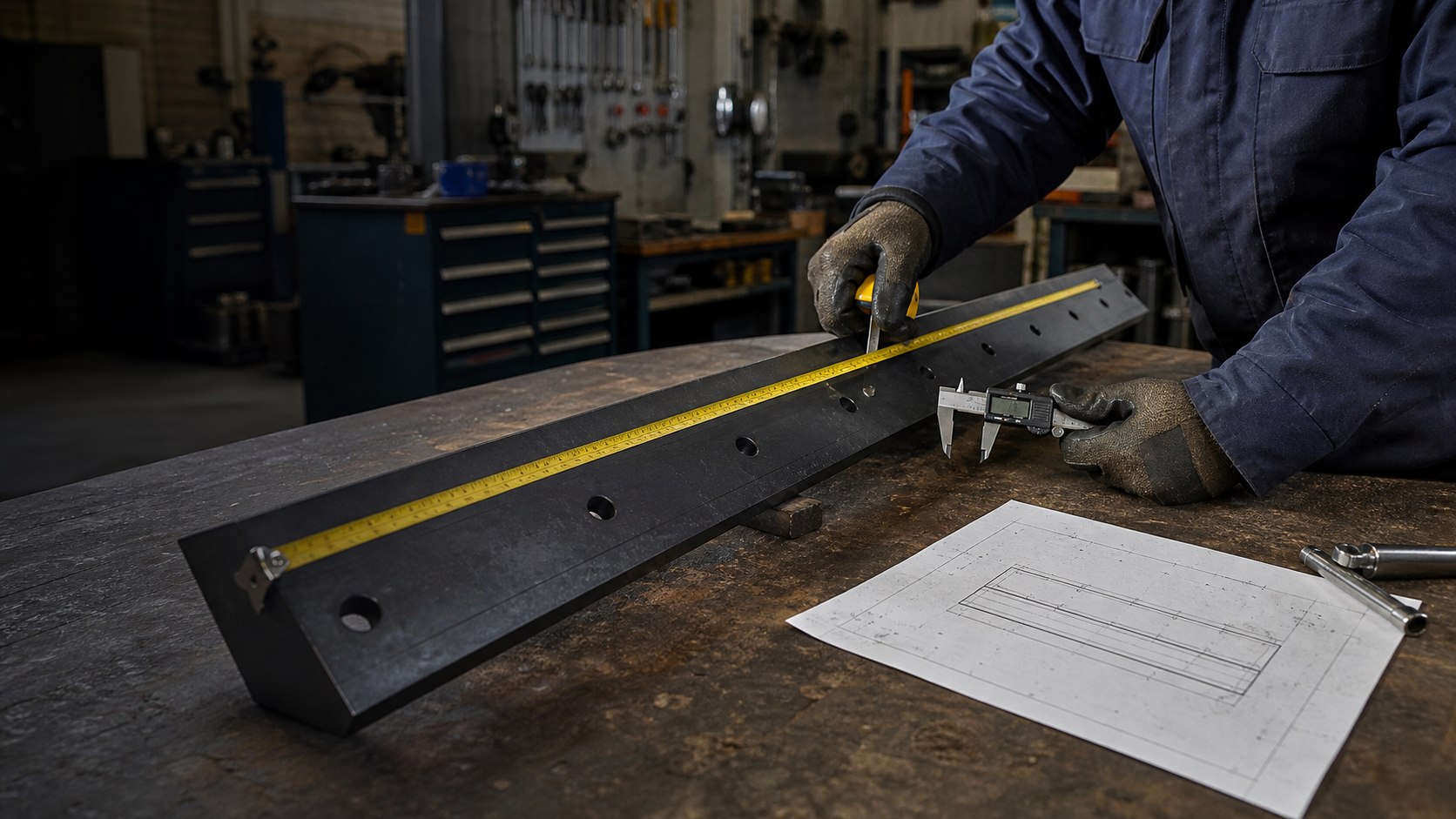 Technician measuring snow plow blade length and mounting hole spacing