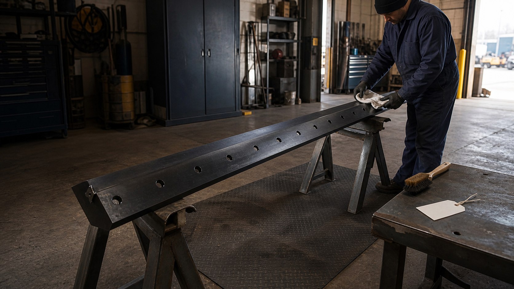 Technician preparing a snow plow blade for off-season storage