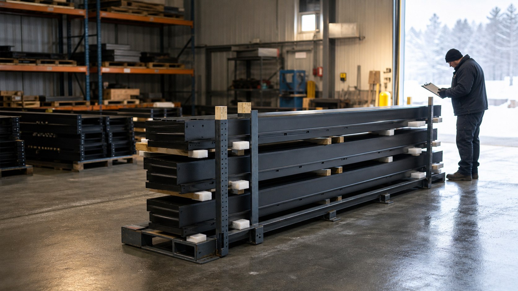 Illustrative snow plow cutting edges supported for packaging and shipment review