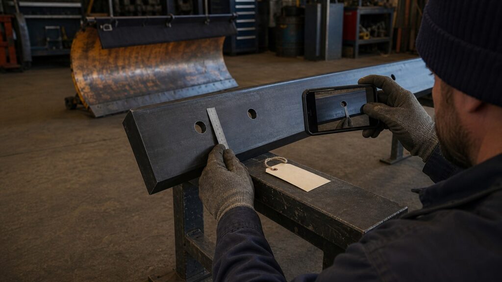 Technician photographing snow plow blade mounting holes and end profile with a scale reference