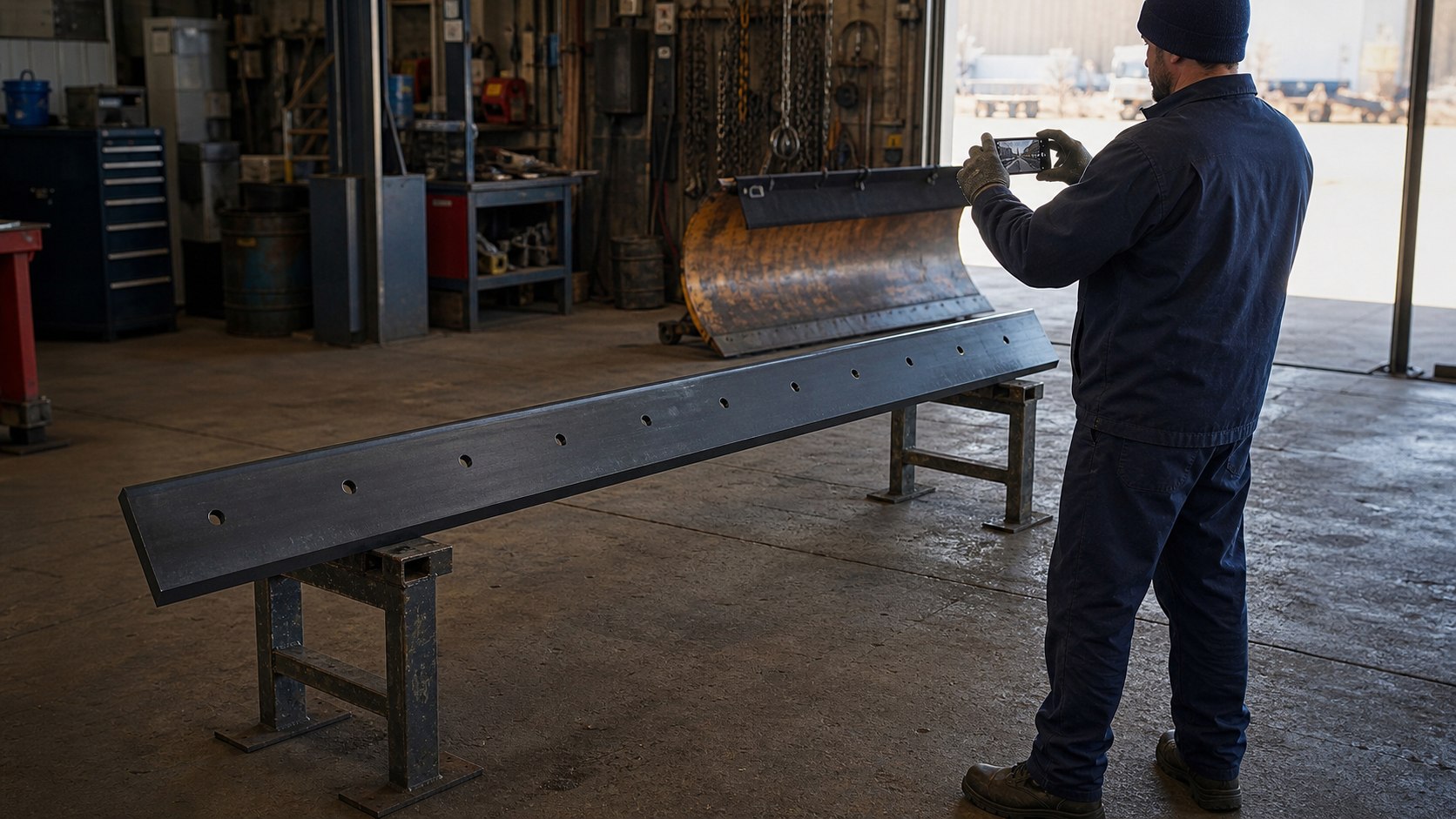 Technician photographing a snow plow blade for replacement identification