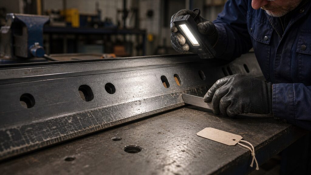 Close-up inspection of snow plow blade cutting edge and mounting holes