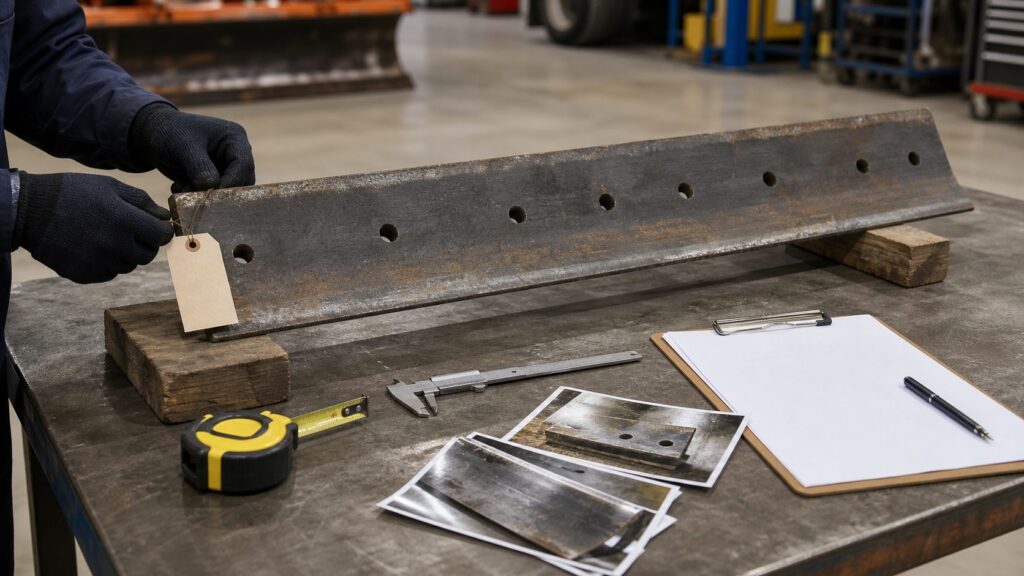 Snow plow blade sample with identification tag, measuring tools and reference photographs