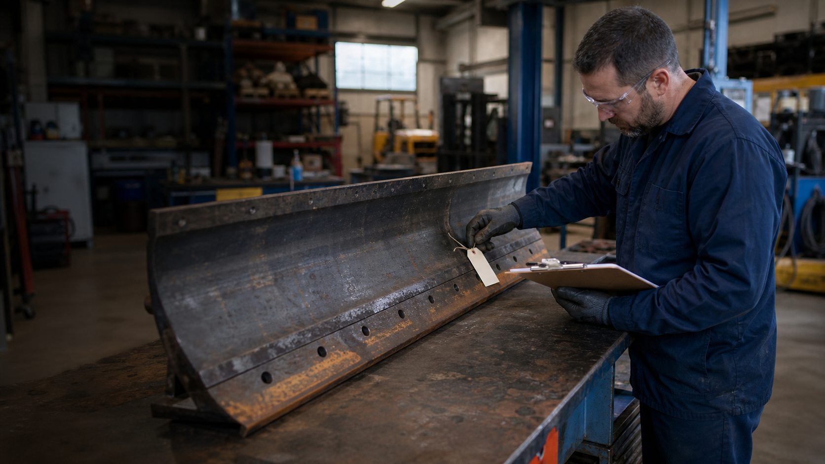 Technician tagging a snow plow blade sample for custom manufacturing review