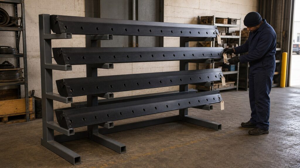 Snow plow cutting edges supported on a dry off-season storage rack