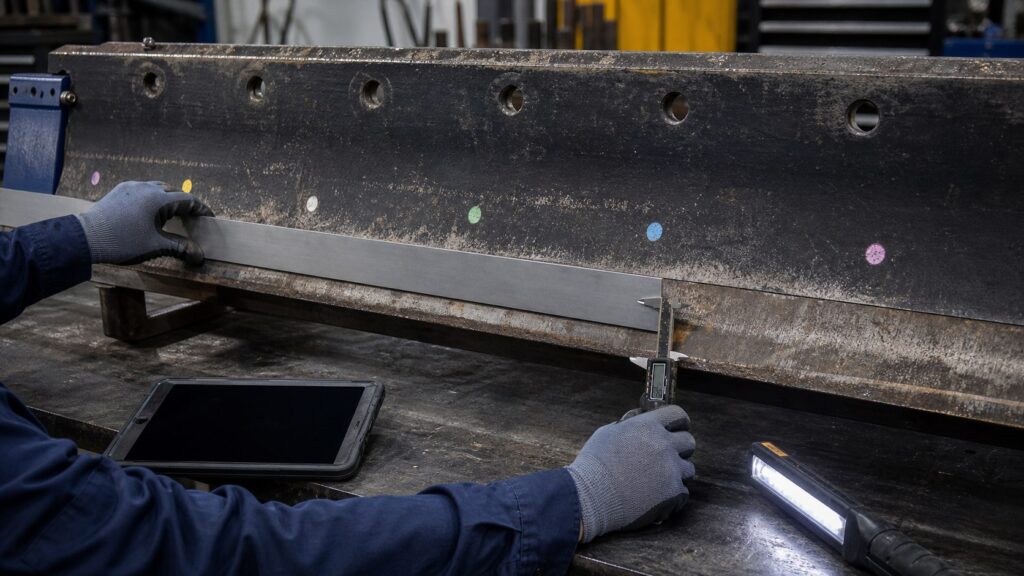 Technician measuring a snow plow blade cutting edge at marked positions