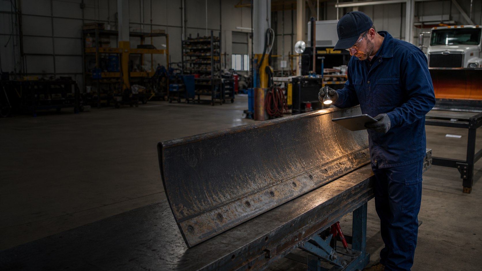 Technician inspecting wear along a snow plow blade cutting edge