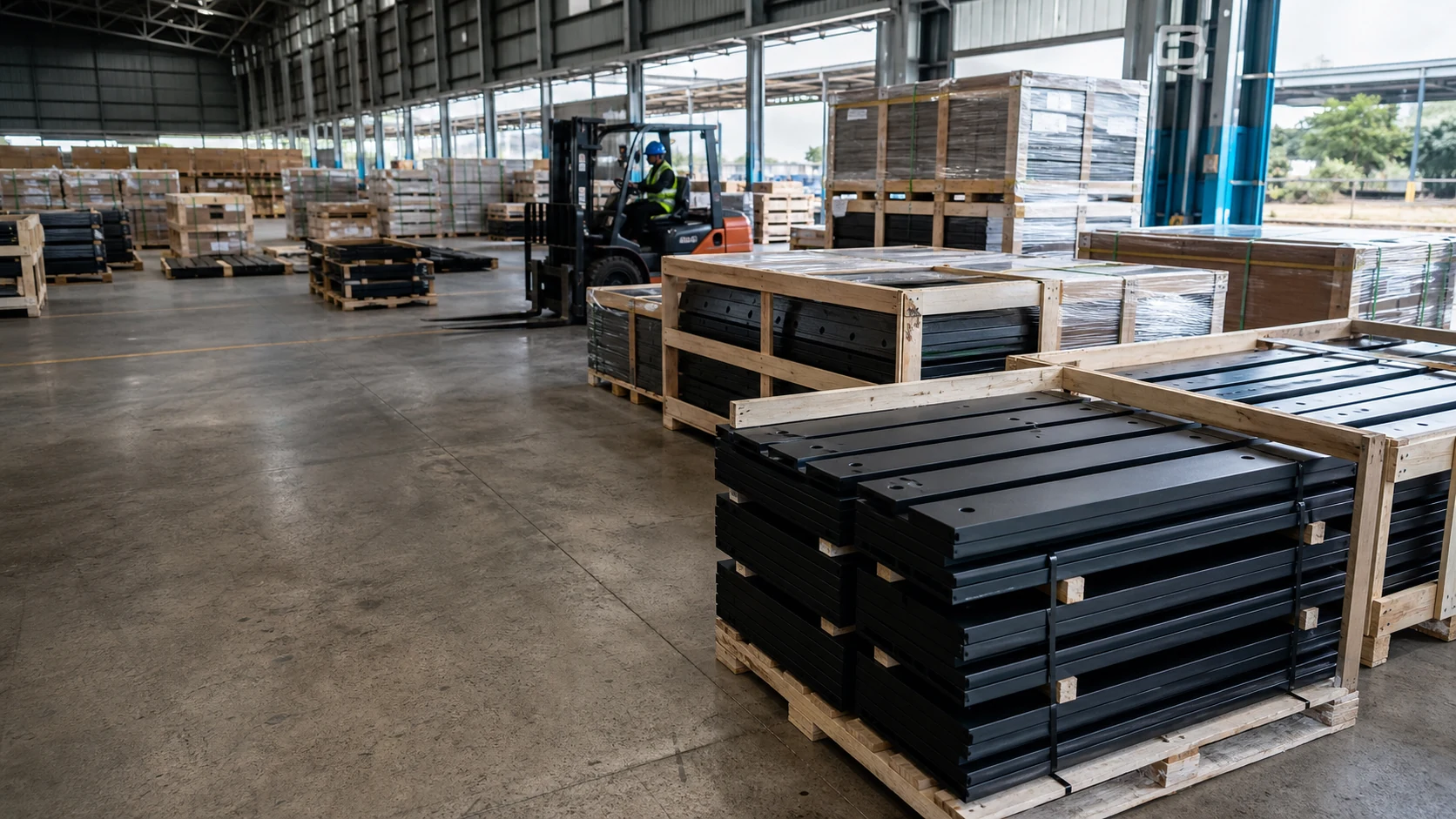 Pallets of wholesale snow plow blades prepared for distributor shipment